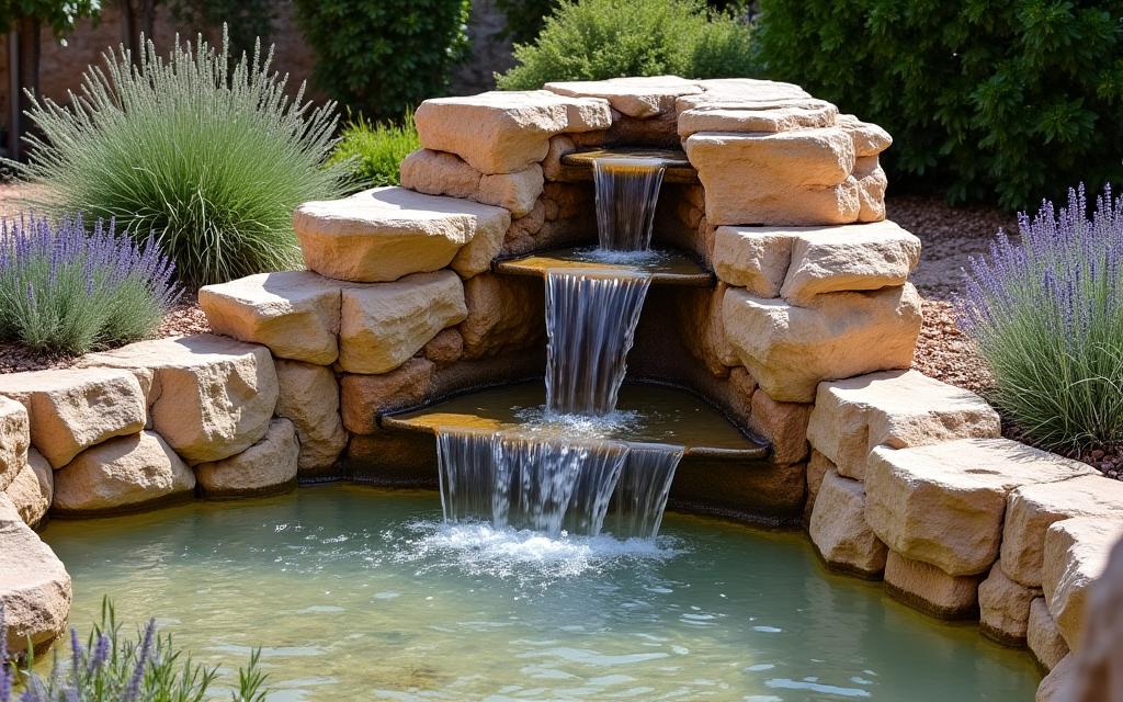 Cascada con piedra natural en jardín mediterráneo