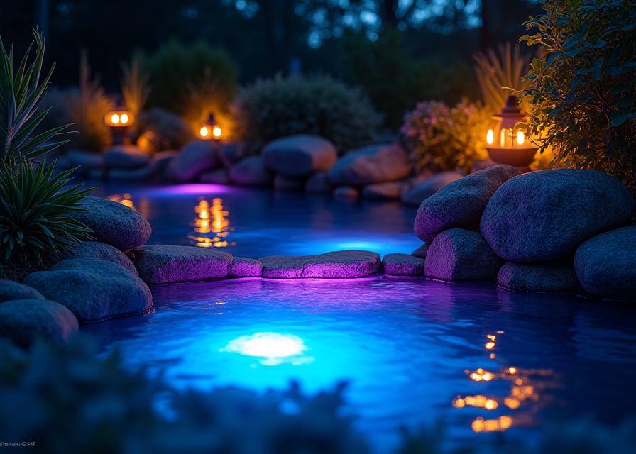 Iluminación LED subacuática en estanque durante la noche