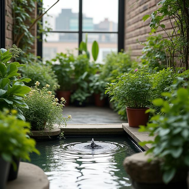 Patio sensorial con agua y plantas aromáticas en entorno urbano